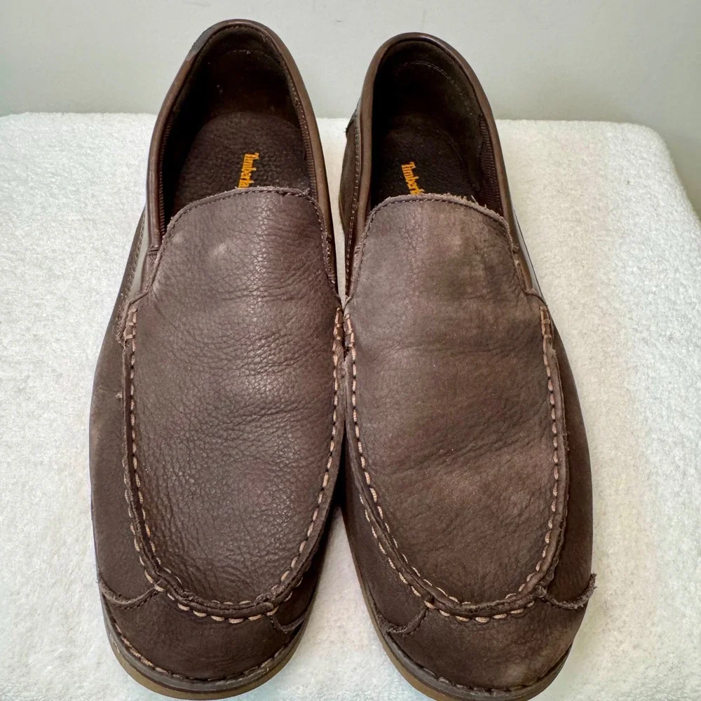 Timberland Men Dark Brown Leather Slip On Loafer Shoes‎ Size 10